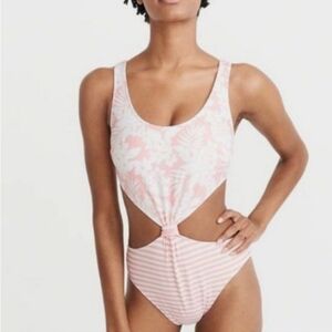 Abercrombie & Fitch Floral & Striped Knot Tie Monokini Pink & White Size XLarge